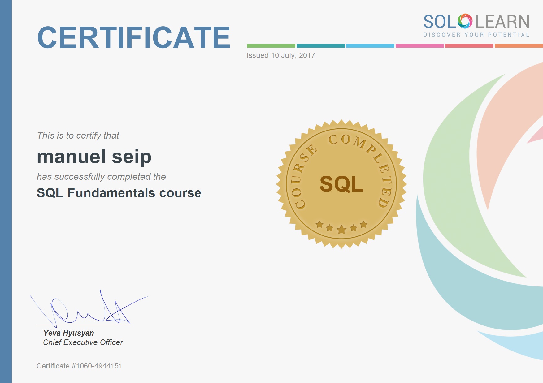 SQL Fundamentals Course Certificate from SoloLearn